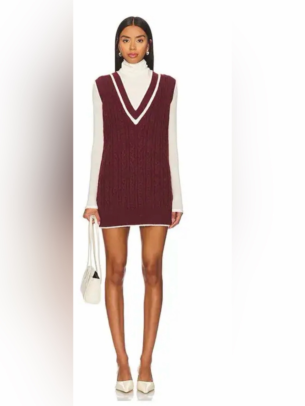 Amanda Uprichard Burgundy Cable Knit V-Neck Sweater Vest Dress with Cream Trim